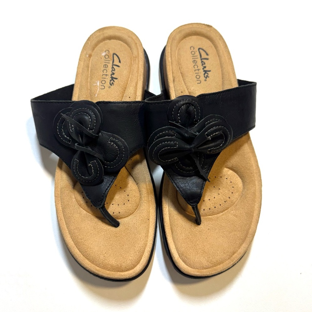Clarks Women's Black Leather Brynn Cushioned Comfort Thong Sandals Size 6.5